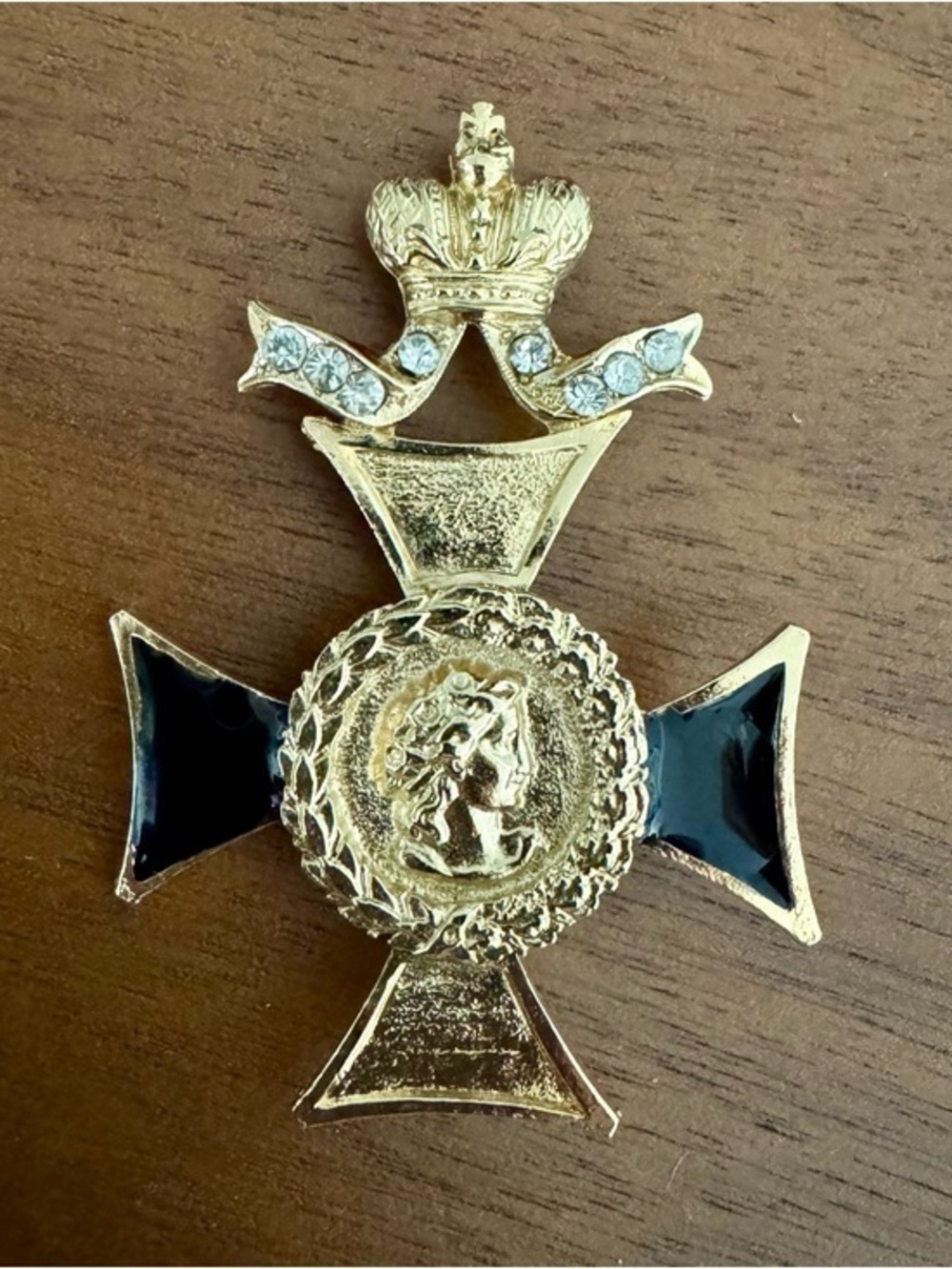 Gold and Black Crown Medallion Brooch - Women  Costume Jewelry Brooches